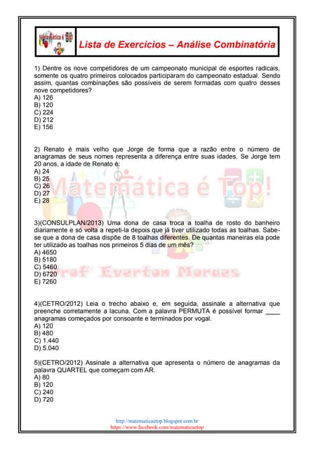 Apostila de 84 exercicios resolvidos de analise combinatória | PDF