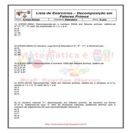 Lista de Exercícios – Decomposição em Fatores Primos
