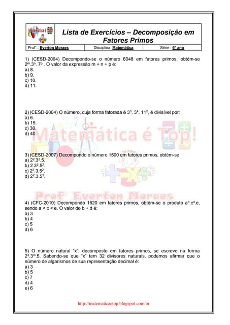 Lista de Exercícios – Decomposição em Fatores Primos | PDF