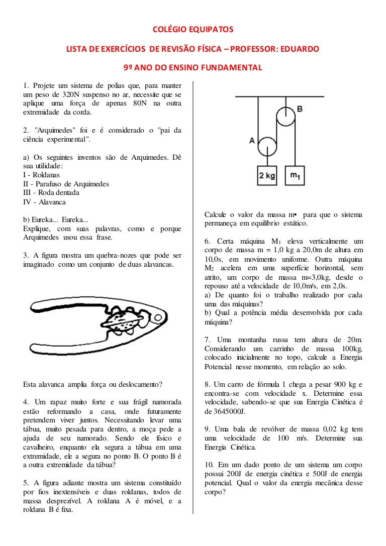 Prova De Ciencias 9 Ano Trabalho E Energia - Atividades de Trabalho