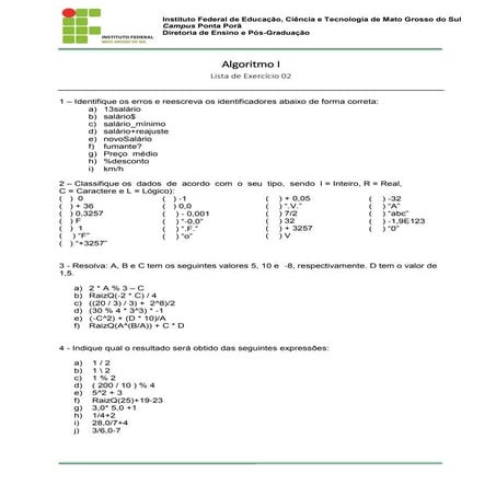 Algoritmos 1 - Lista de Exercícios 2
