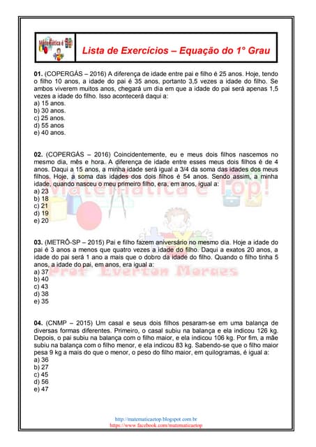 Lista de Exercícios – Equação do 1° grau | PDF