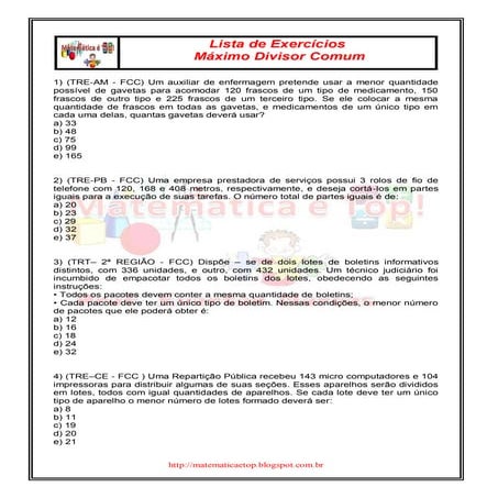 Lista de Exercícios – Máximo Divisor Comum(mdc) | PDF