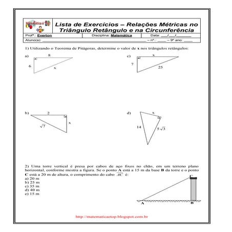 Lista de Exercícios  – Relações Métricas no Triângulo Retângulo e na Circunfe...