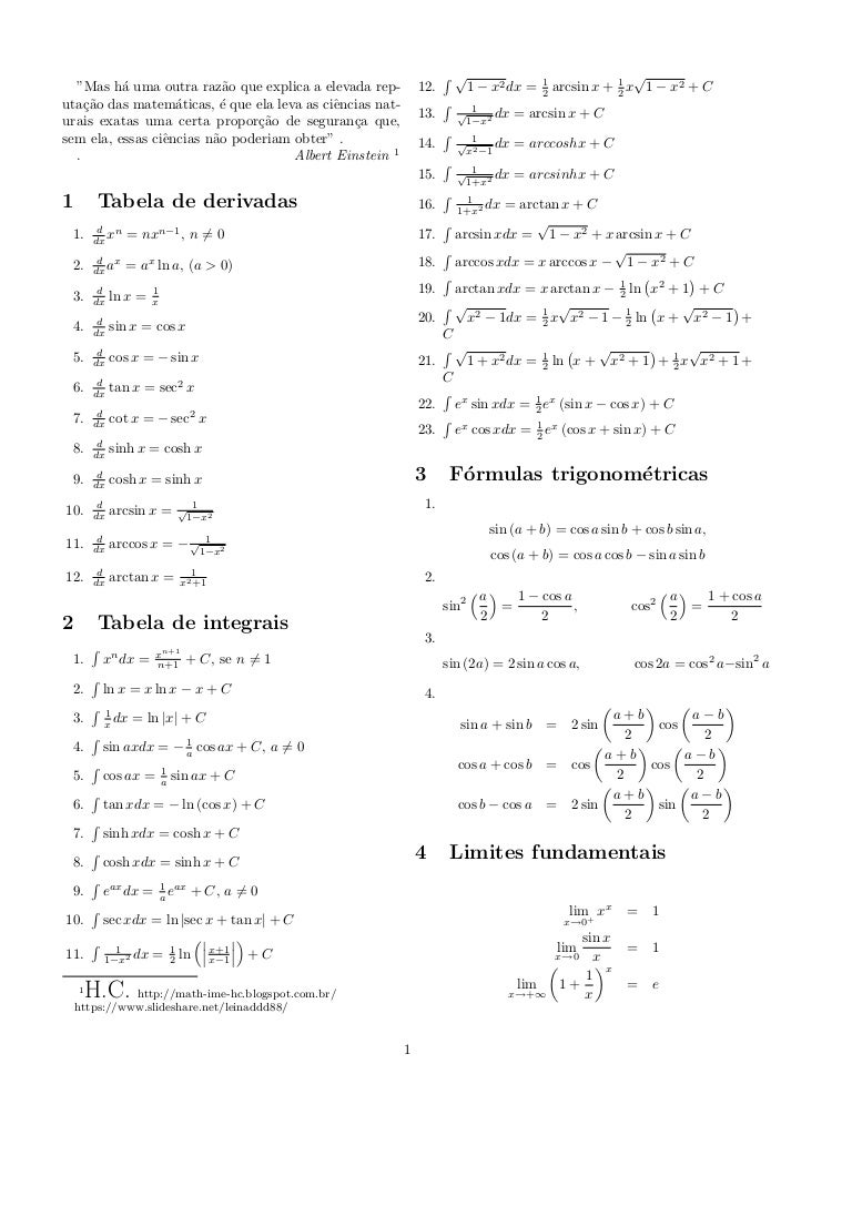 Lista De Derivadas E Integrais