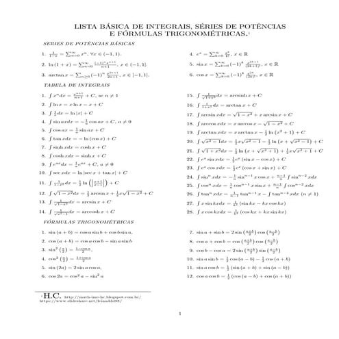 Lista de integrais Calculo IV