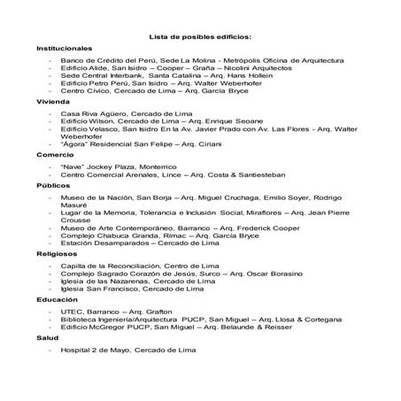 Lista de posibles edificios - Ejercicio I