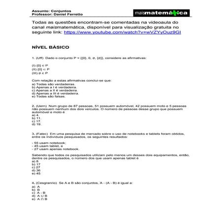 Lista de questões - Professor Ferretto - Conjuntos