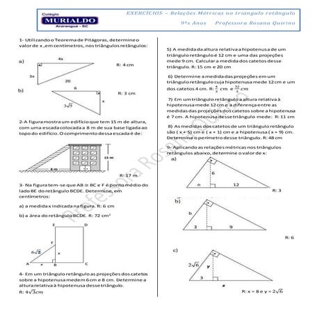 Lista de exercícios 9º ano (relações métricas no triângulo retângulo ...