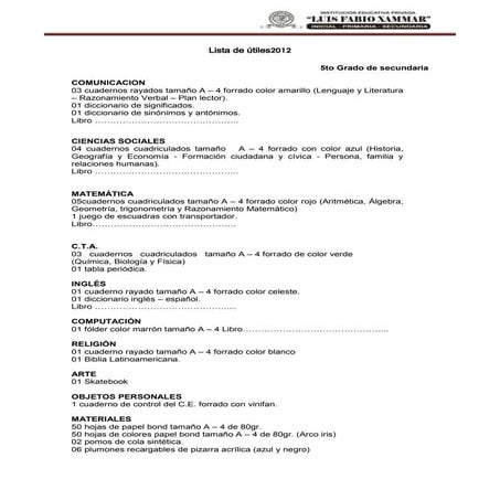 Lista de utiles 5to b | PDF