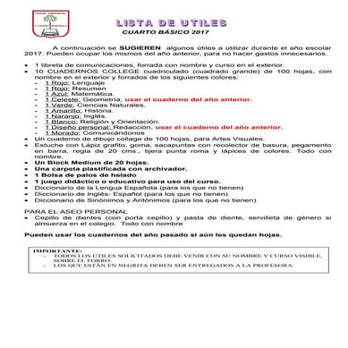 Lista de utiles 2017 cuarto básico