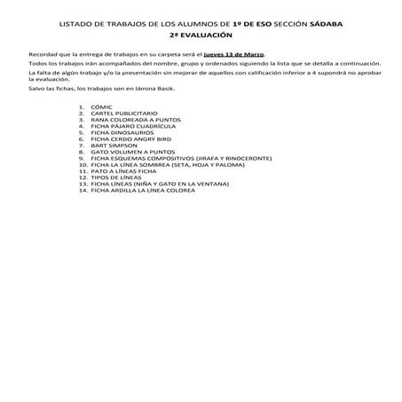 Listado de trabajos de los alumnos de 1º de eso sección sádaba 2ª EVALUACIÓN