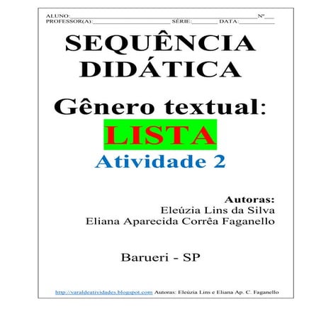 2ª Sequência Didática - Gênero textual: Lista  