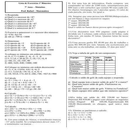Lista exercicios 7º ano 1º bimestre