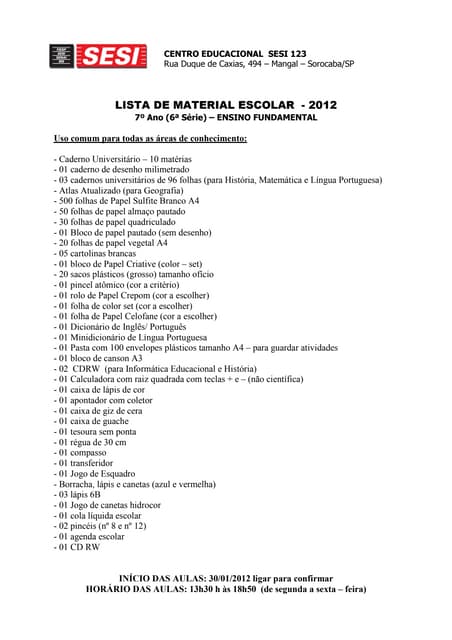 Lista material 7º ano fundamental | PDF