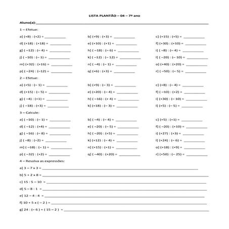 Lista plantão   04 - 7º ano