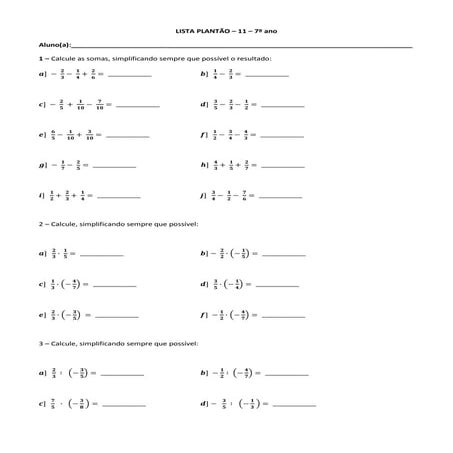 Lista plantão 11 - 7º ano
