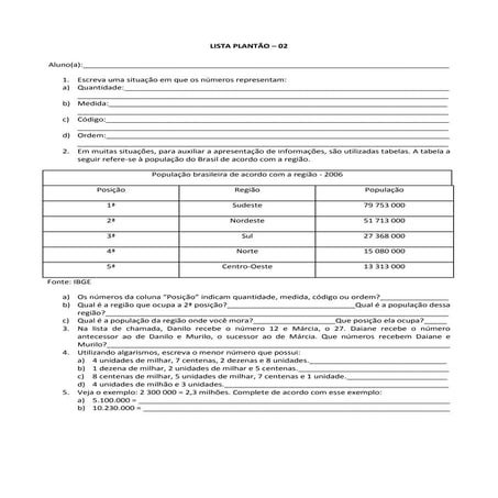 Lista plantão 02 - sexto ano