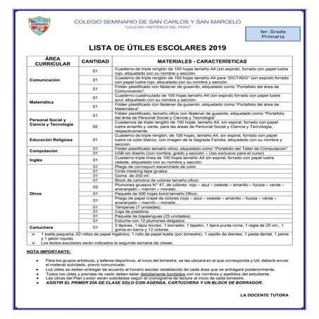 lista de utiles 2024 segundo grado JEM | PDF