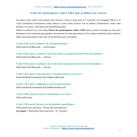 Liste des principaux codes VBA que j’utilise sur Access | PDF