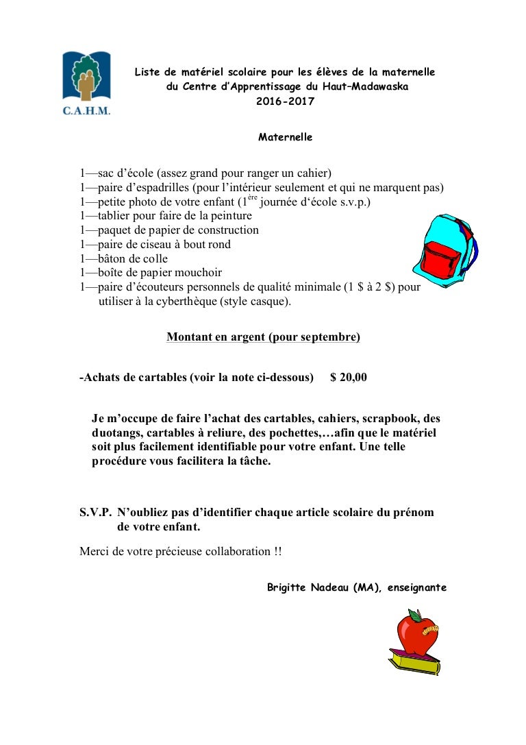 Liste du matériel scolaire 2016 2017