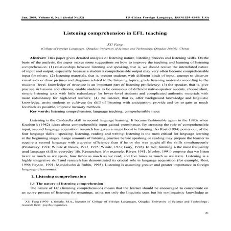 Listening comprehension in efl teaching | PDF