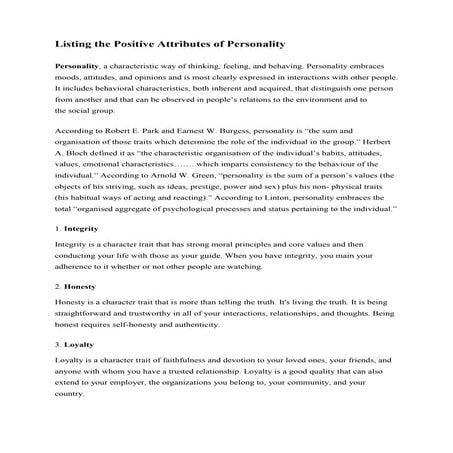 Listing the positive attributes of personality