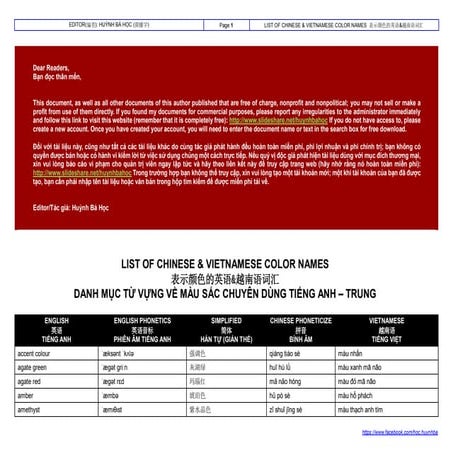 LIST OF CHINESE & VIETNAMESE COLOR NAMES 表示颜色的英语&越南语词汇 DANH MỤC TỪ VỰNG VỀ MÀ...