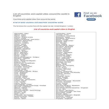 List of countries and capital cities around the world in english