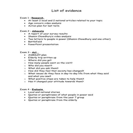 List of evidence for all exams