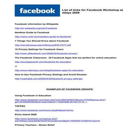 List of Links for Facebook Workshop at edayz09
