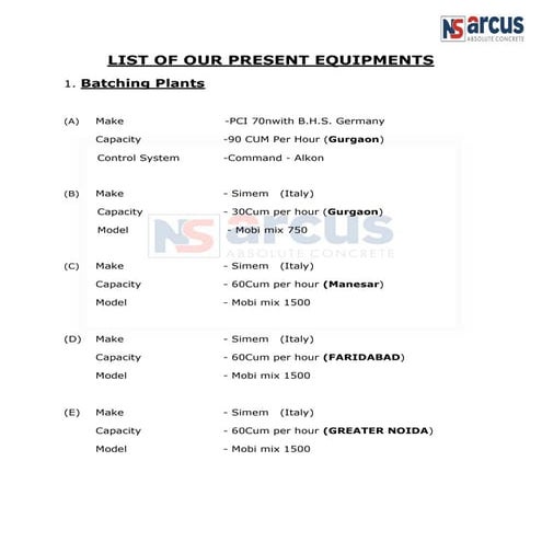 NS Arcus List of our present equipments