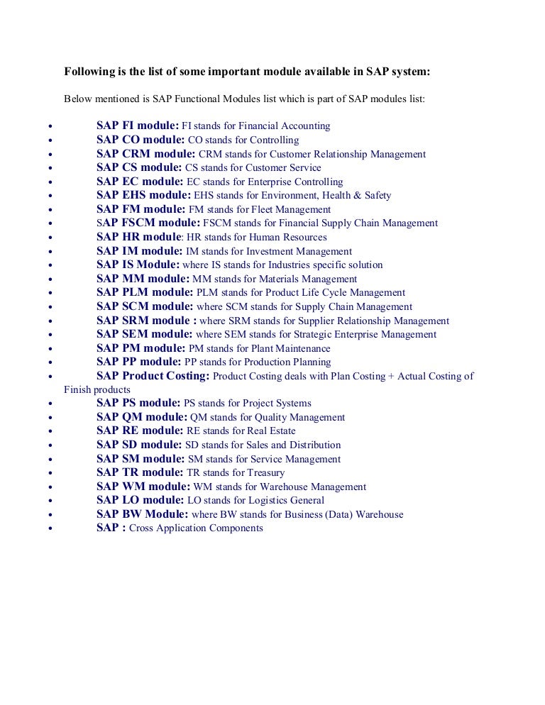 List Of Sap Modules