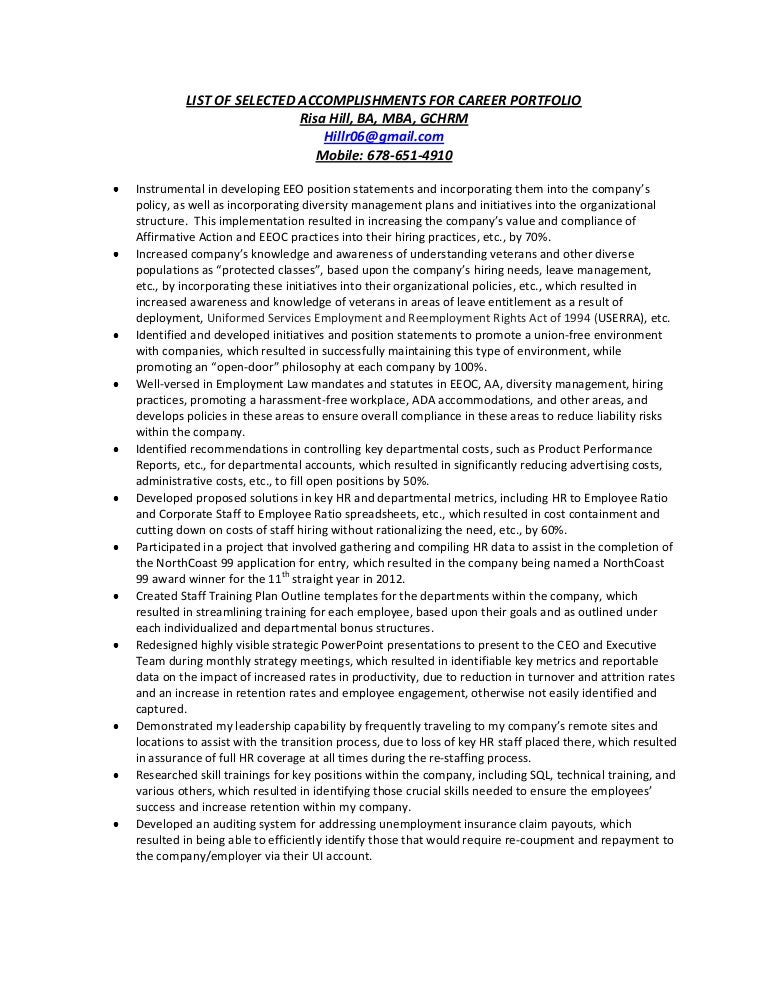 list of selected accomplishments