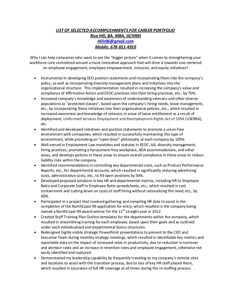 list of selected accomplishments for career portfolio list of accomplishments at work