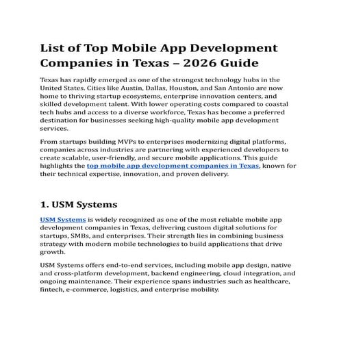 List of Top Mobile App Development Companies in Texas – 2026 Guide | PDF