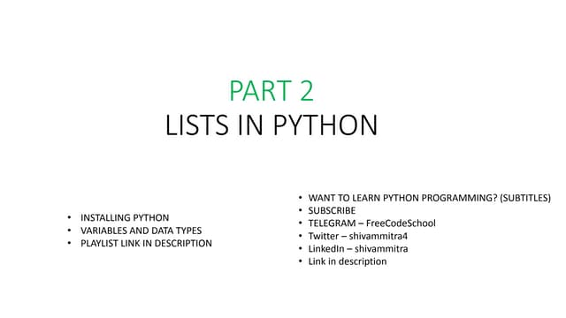 Part 2 - Python Tutorial | Introduction to Lists | PPTX