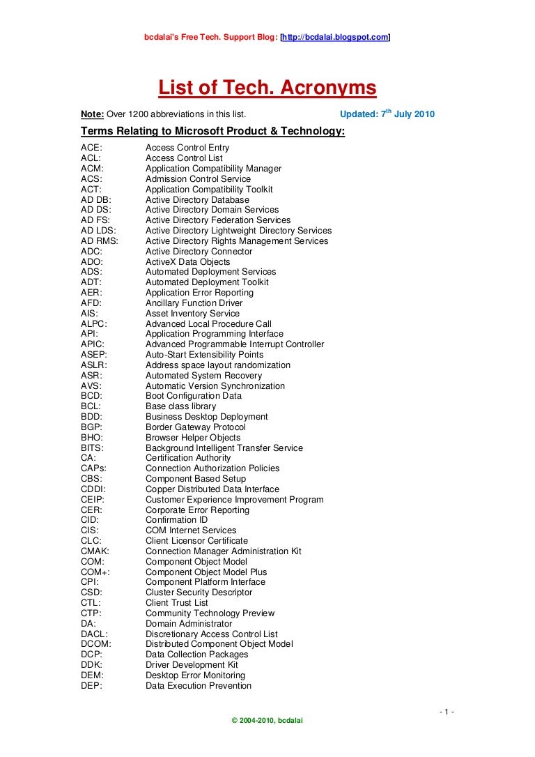 Lists of tech acronyms