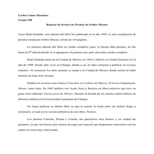 Reporte de lectura de Poemas de Esther Macias