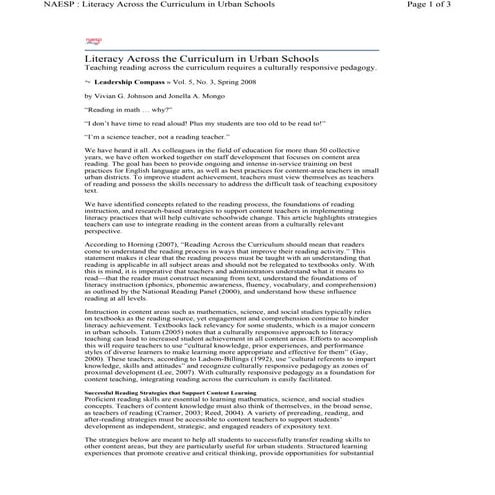  Literacy across the curriculum in urban schools