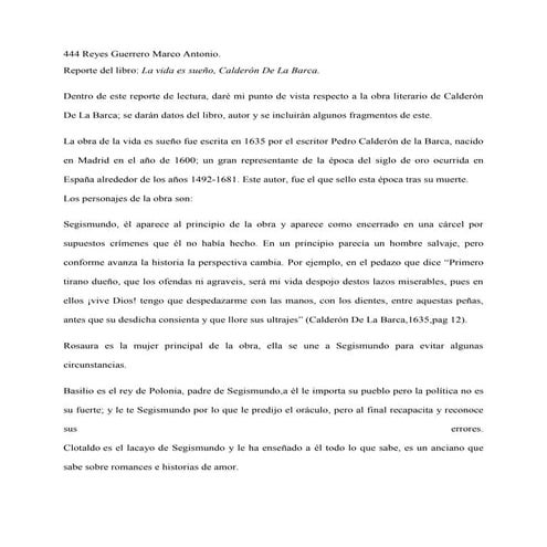 Reporte del libro "la vida es sueño" Calderón De La Barca