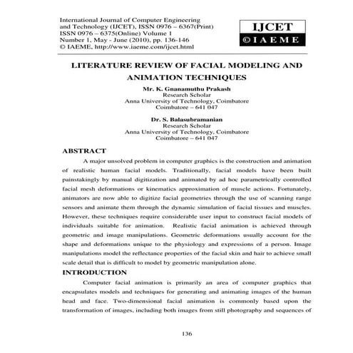 Literature review of facial modeling and animation techniques