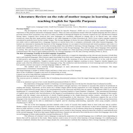 Literature review on the role of mother tongue in learning and teaching engli...