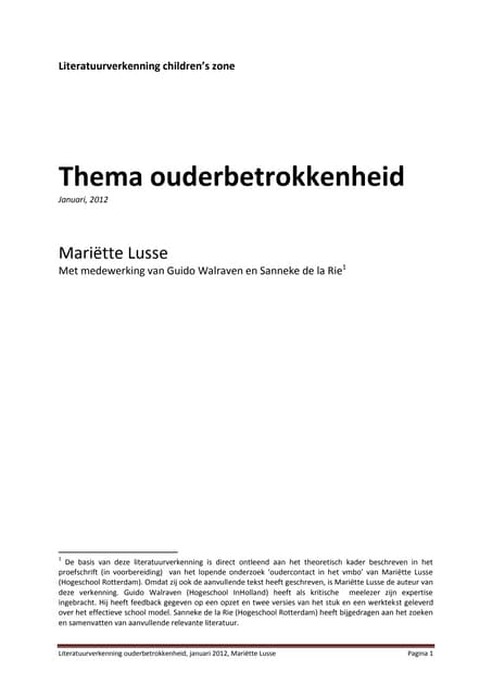 Literatuurverkenning Ouderbetrokkenheid, Januari 2012