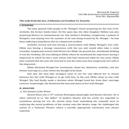 Litt 507 -  Psychological Analysis of Ibsen's The Lady from the Sea (paper)