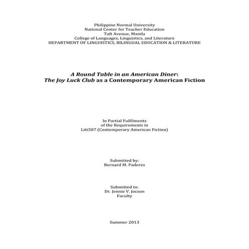 Litt 507 - Joy Luck Club as a Contemporary American Fiction