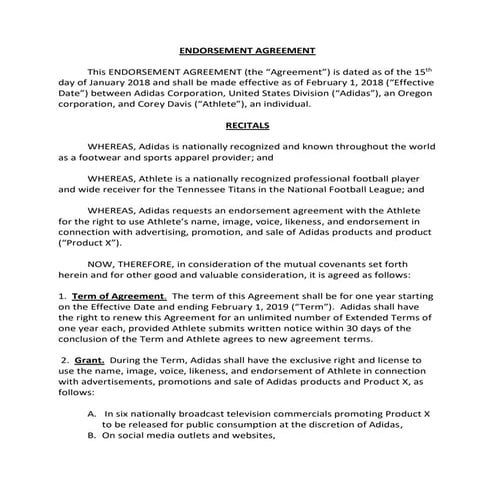 Drafted Endorsement Agreement