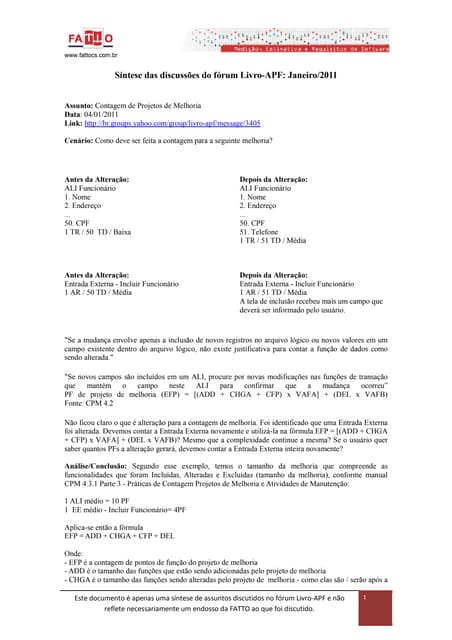 Síntese das discussões do fórum Livro-APF: Janeiro/2011