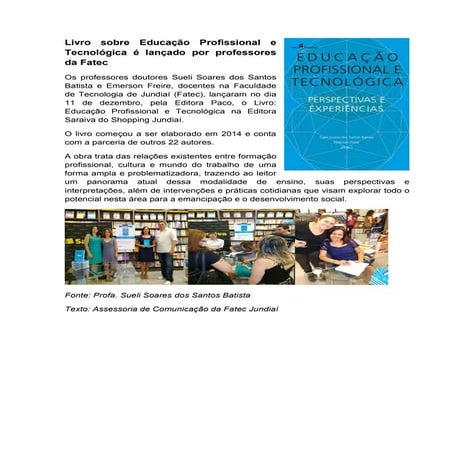 Livro sobre Educação Profissional e Tecnológica é lançado por professores da Fatec Jundiaí