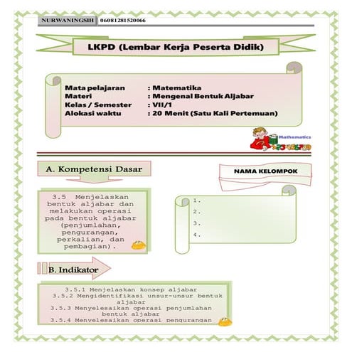 Lkpd konsep mengenal bentuk aljabar 3.5 pertemuan 1 aktivitas 1